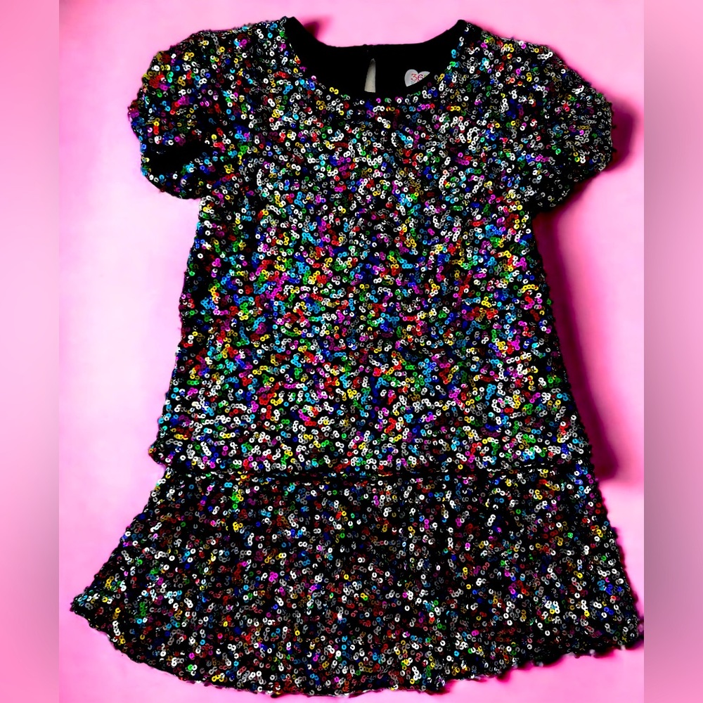 Colorful Sequin Girls Blouse & Skirt Set